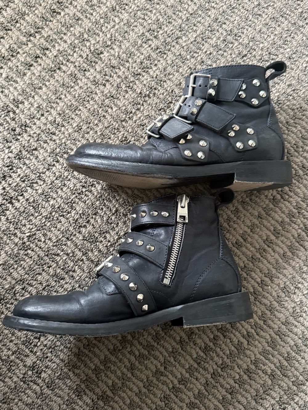 Zadig and Voltaire Studded Black Leather Buckle & Zip Ankle Boots size 38 / 7.5